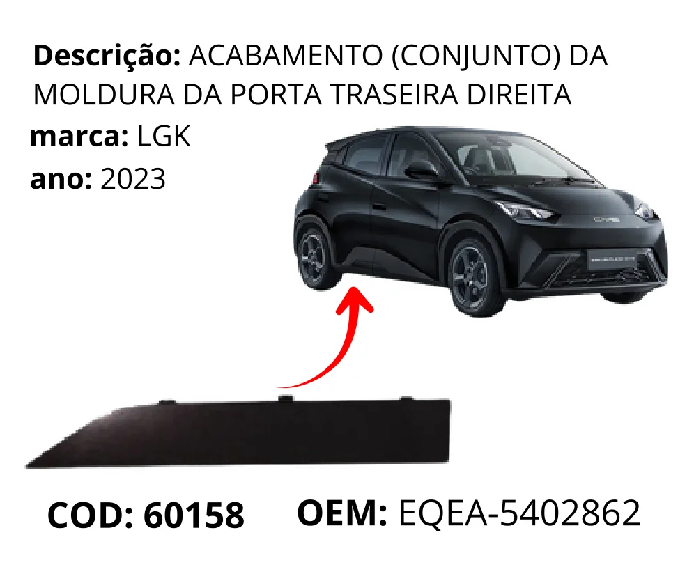 Acabamento (conjunto) da Moldura da Porta Traseira Direita original para BYD Dolphin Mini, lado direito, AutoVoltz