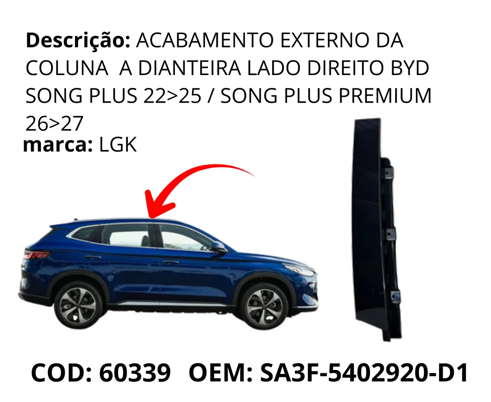 Acabamento Externo da Coluna A Dianteira Lado Direito original para BYD Song Plus DM-i, lado direito, AutoVoltz