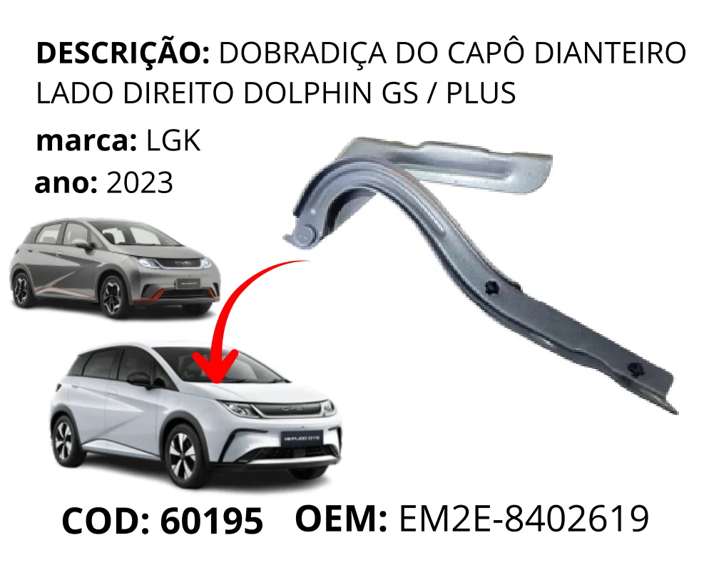 Dobradiça do Capô Dianteiro Lado Direito original para BYD Dolphin GS/Plus, lado direito, AutoVoltz