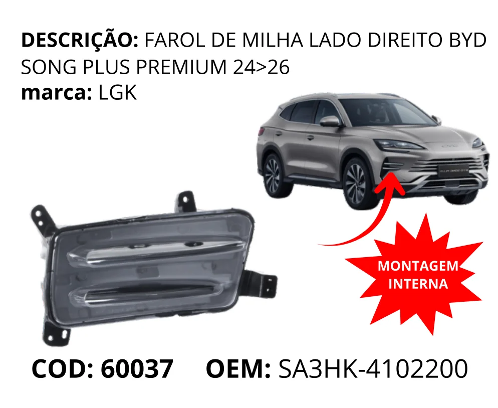 Farol de Milha Lado Direito original para BYD Song Plus Premium, lado direito, AutoVoltz