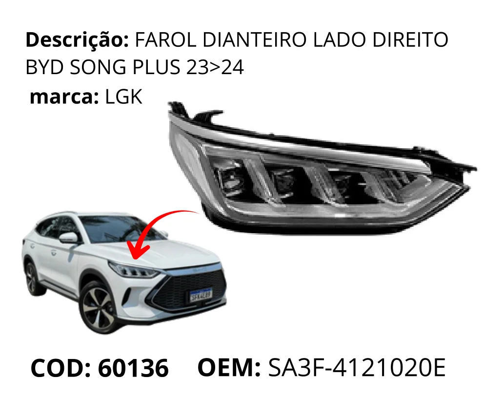 Farol Dianteiro Lado Direito original para BYD Song Plus DM-i, lado direito, AutoVoltz