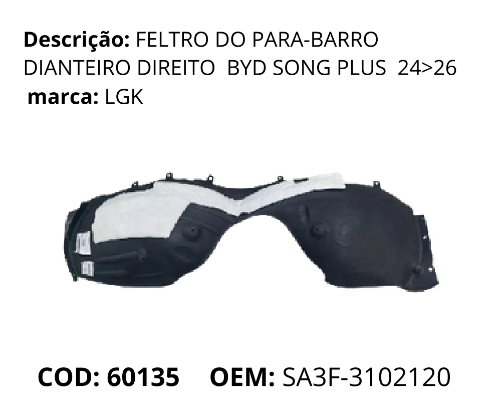 Feltro do Para-barro Dianteiro Lado Esquerdo original para BYD Song Plus DM-i, lado esquerdo, AutoVoltz