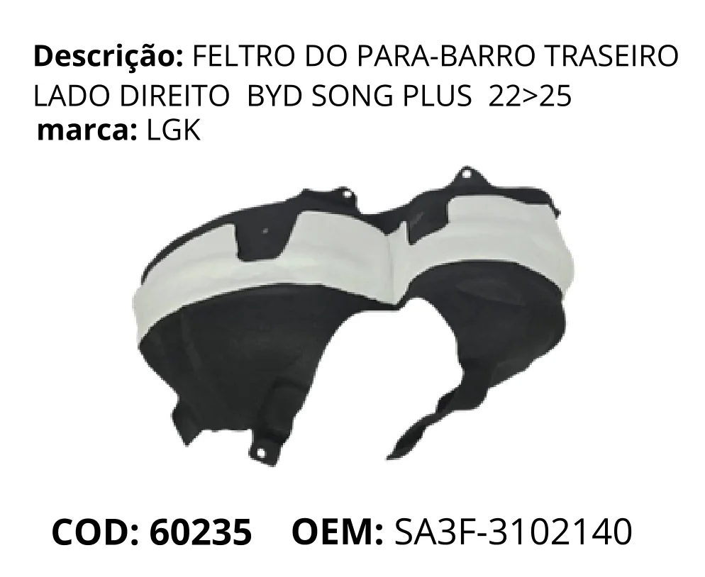Feltro do Para-barro Traseiro Lado Direito original para BYD Song Plus DM-i, lado direito, AutoVoltz
