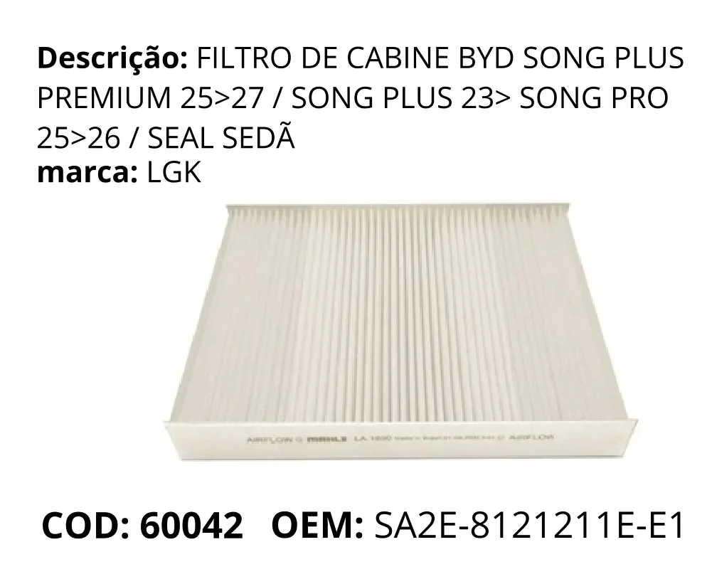 Filtro de Cabine original para BYD Song Plus Premium, AutoVoltz