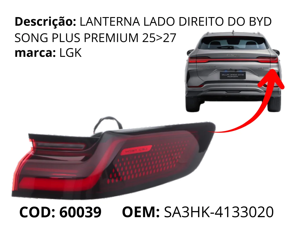 Lanterna Lado Direito original para BYD Song Plus Premium, lado direito, AutoVoltz