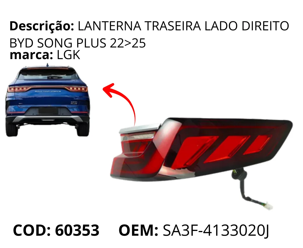 Lanterna Traseira Lado Direito original para BYD Song Plus DM-i, lado direito, AutoVoltz