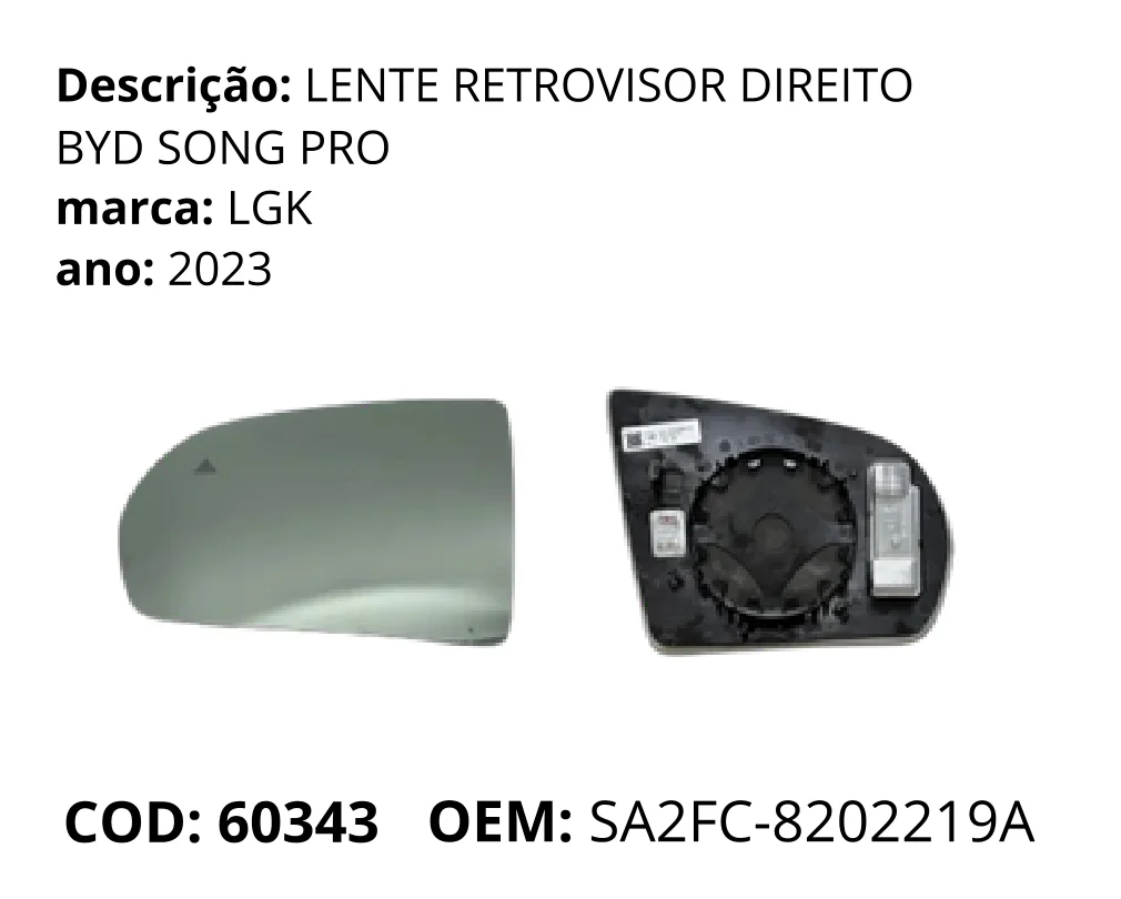 Lente Retrovisor Direito original para BYD Song Pro, lado direito, AutoVoltz
