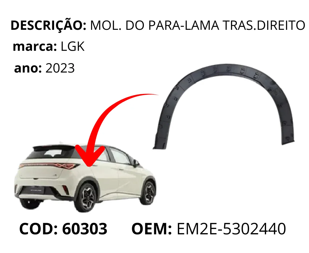 Moldura do Para-lama Traseiro Lado Direito Dolphin GS original para BYD Dolphin GS/Plus, lado direito, AutoVoltz