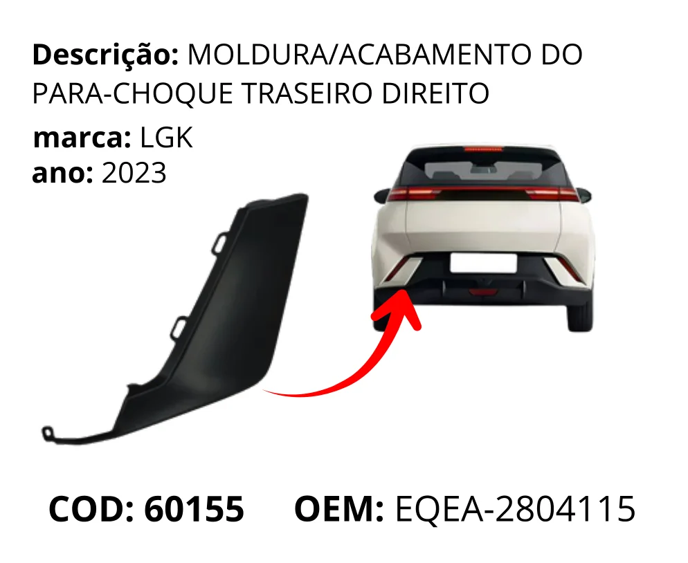 Moldura/Acabamento do Para-choque Traseiro Direito original para BYD Dolphin Mini, lado direito, AutoVoltz