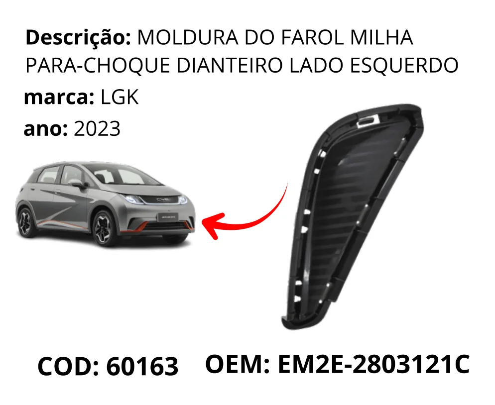 Moldura do Farol Milha Para-choque Dianteiro Lado Esquerdo original para BYD Dolphin GS/Plus, lado esquerdo, AutoVoltz