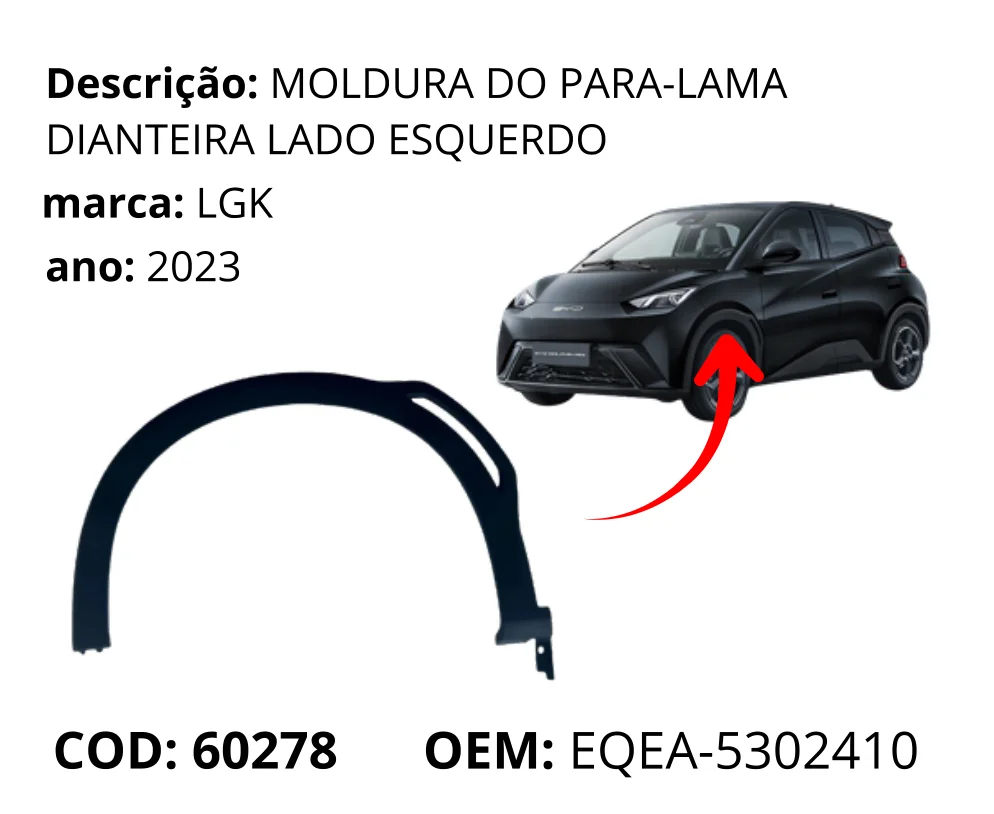 Moldura do Para-lama Dianteira Lado Esquerdo original para BYD Dolphin Mini, lado esquerdo, AutoVoltz