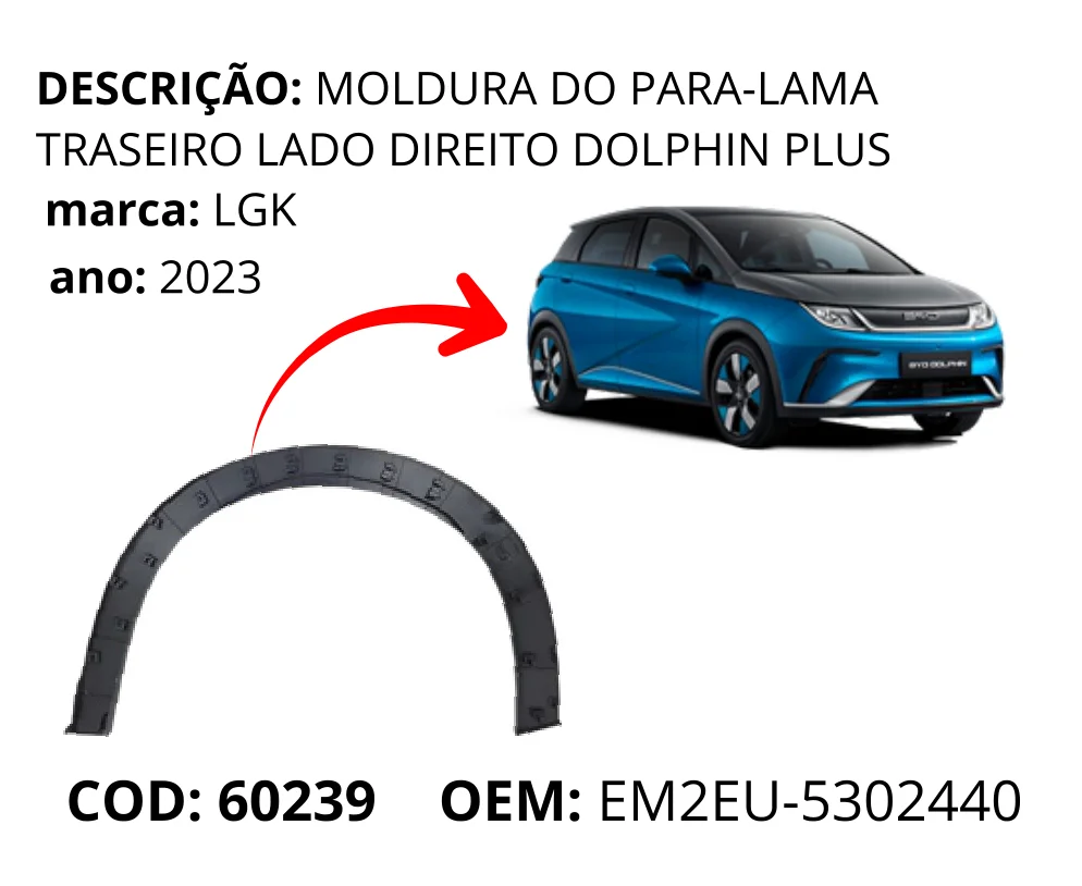 Moldura do Para-lama Traseiro Lado Direito Dolphin Plus original para BYD Dolphin GS/Plus, lado direito, AutoVoltz