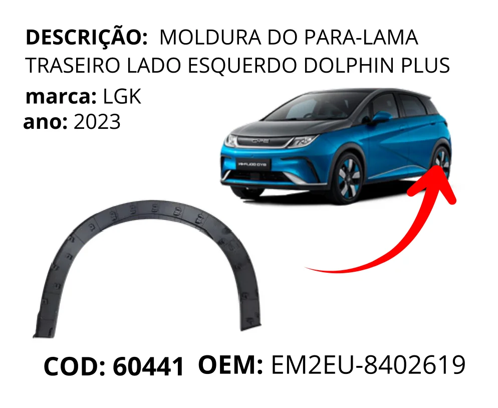 Moldura do Para-lama Traseiro Lado Esquerdo Dolphin Plus original para BYD Dolphin GS/Plus, lado esquerdo, AutoVoltz