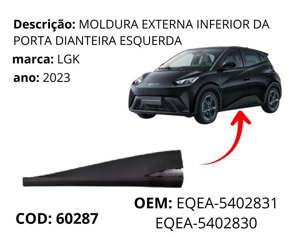 Moldura Externa Inferior da Porta Dianteira Esquerda original para BYD Dolphin Mini, lado esquerdo, AutoVoltz