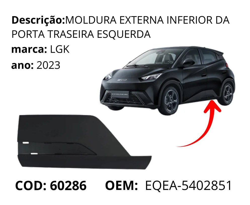 Moldura Externa Inferior da Porta Traseira Esquerda original para BYD Dolphin Mini, lado esquerdo, AutoVoltz