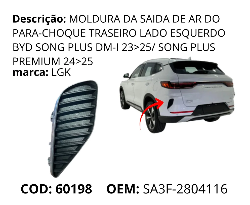 Moldura da Saida de Ar do Para-choque Traseiro Lado Esquerdo original para BYD Song Plus DM-i, lado esquerdo, AutoVoltz