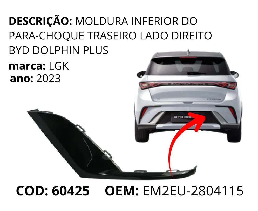 Moldura Inferior do Para-choque Traseiro Lado Esquerdo Dolphin Plus original para BYD Dolphin GS/Plus, lado esquerdo, AutoVoltz