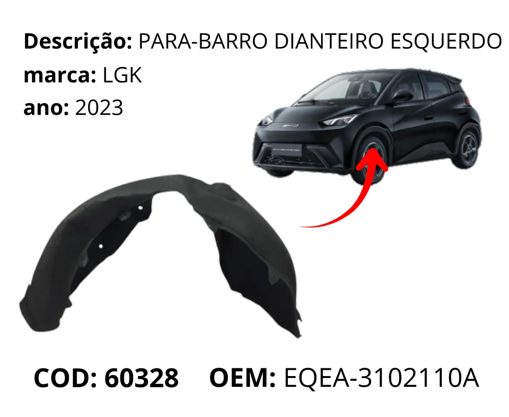 Para-barro Dianteiro Esquerdo original para BYD Dolphin Mini, lado esquerdo, AutoVoltz