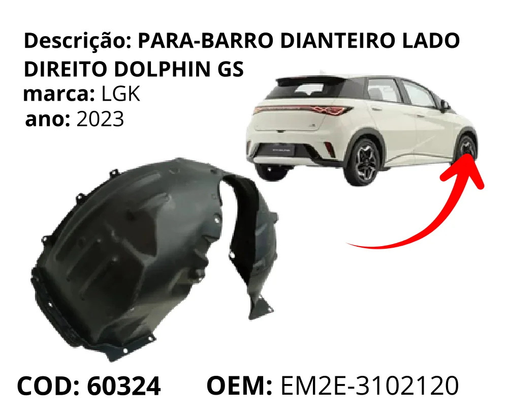 Para-barro Dianteiro Lado Direito Dolphin GS original para BYD Dolphin GS/Plus, lado direito, AutoVoltz
