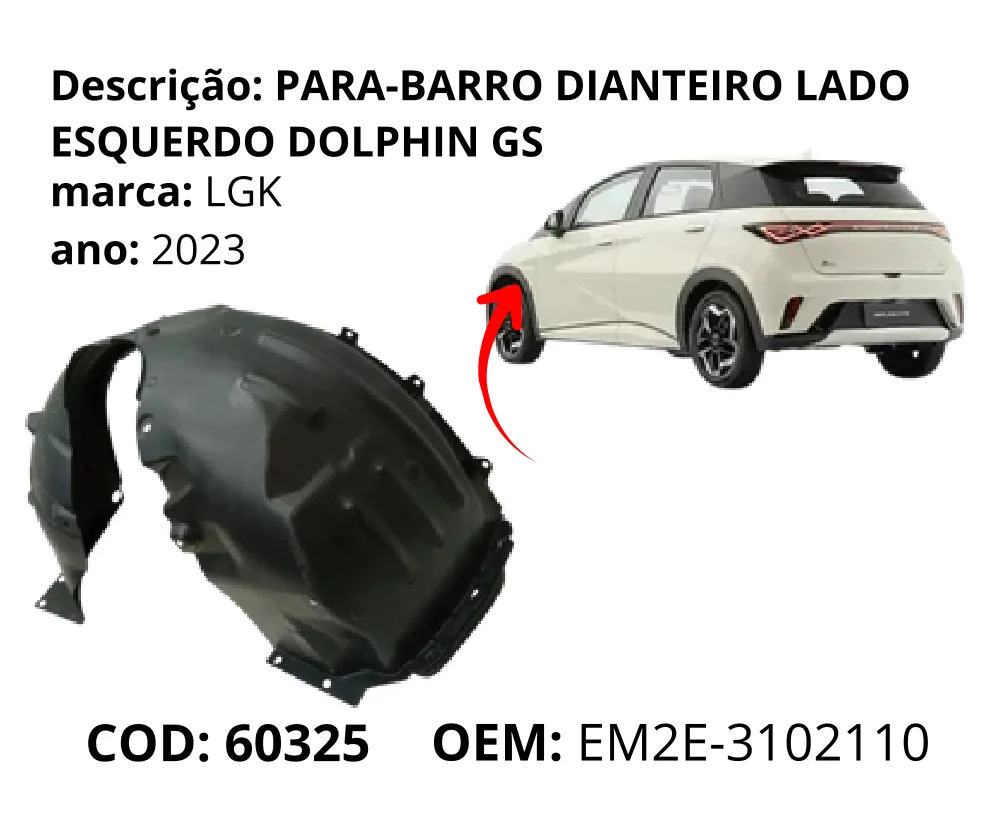 Para-barro Dianteiro Lado Esquerdo original para BYD Dolphin GS/Plus, lado esquerdo, AutoVoltz