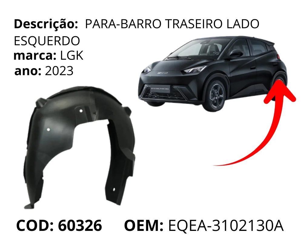 Para-barro Traseiro Lado Esquerdo original para BYD Dolphin Mini, lado esquerdo, AutoVoltz