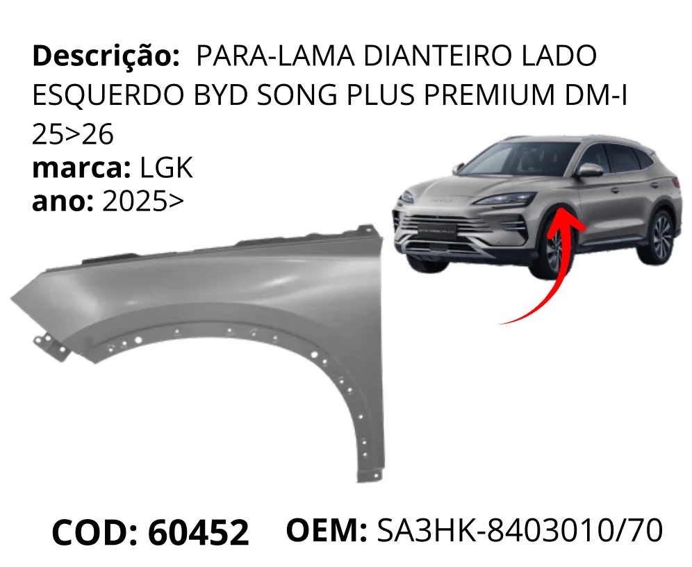 Para-lama Dianteiro Lado Esquerdo original para BYD Song Plus Premium, lado esquerdo, AutoVoltz