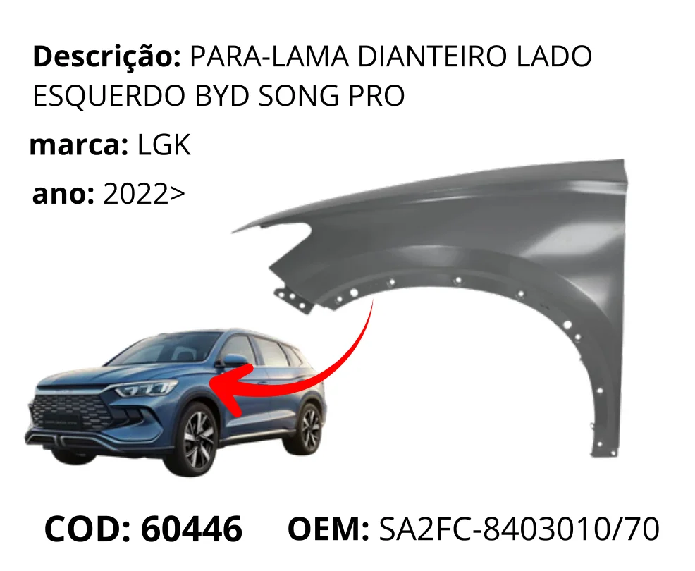 Para-lama Dianteiro Lado Esquerdo original para BYD Song Pro, lado esquerdo, AutoVoltz