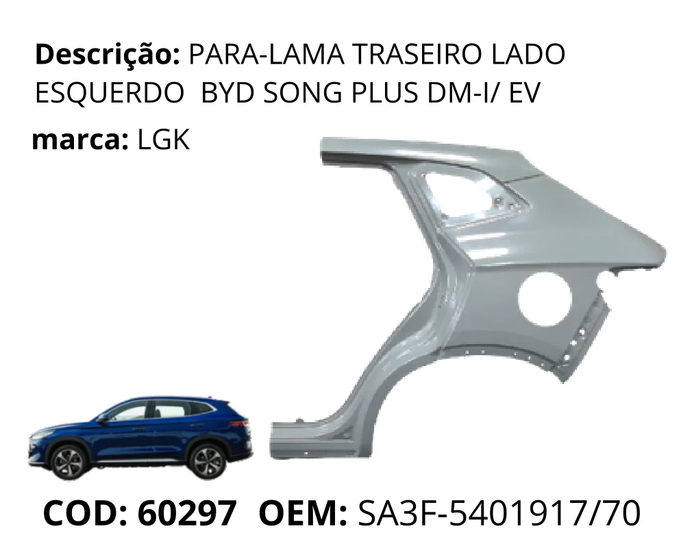 Para-lama Traseiro Lado Esquerdo original para BYD Song Plus DM-i, lado esquerdo, AutoVoltz