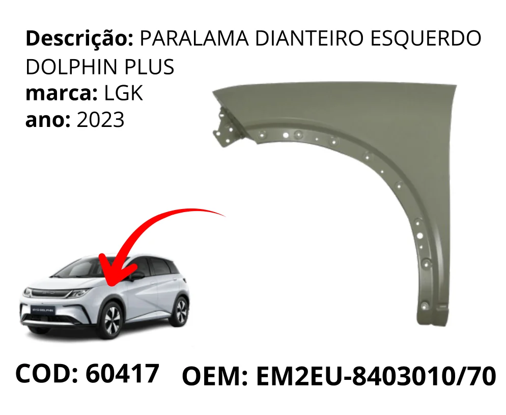 Para-lama Dianteiro Lado Esquerdo Dolphin Plus original para BYD Dolphin GS/Plus, lado esquerdo, AutoVoltz