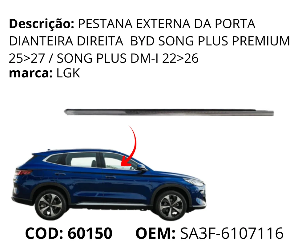 Pestana Externa da Porta Dianteira Direita original para BYD Song Plus DM-i, lado direito, AutoVoltz