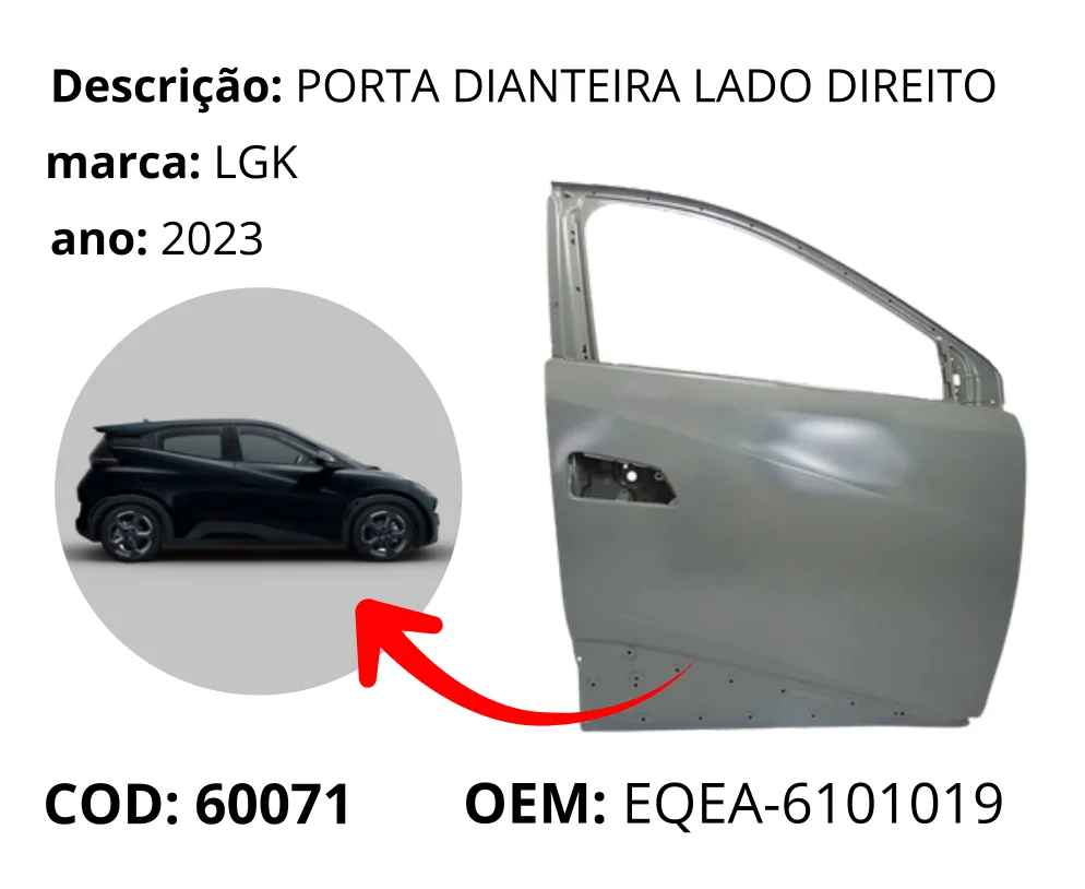 Porta Dianteira Lado Direito original para BYD Dolphin Mini, lado direito, AutoVoltz