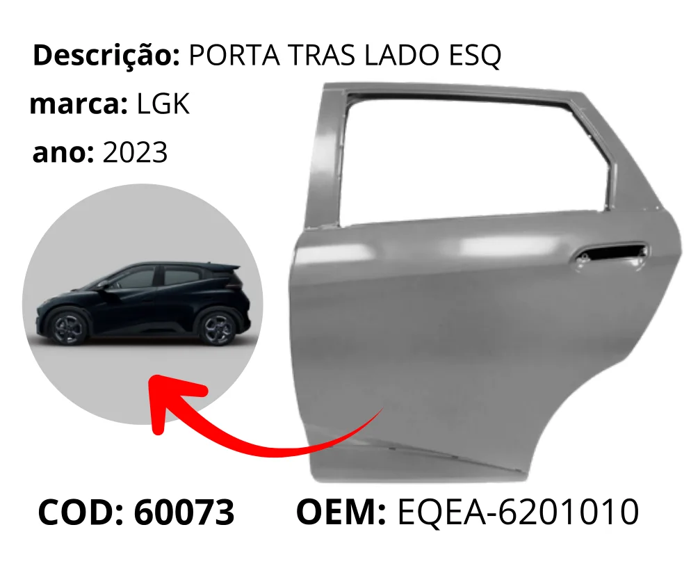 Porta Traseira Lado Esquerdo original para BYD Dolphin Mini, lado esquerdo, AutoVoltz