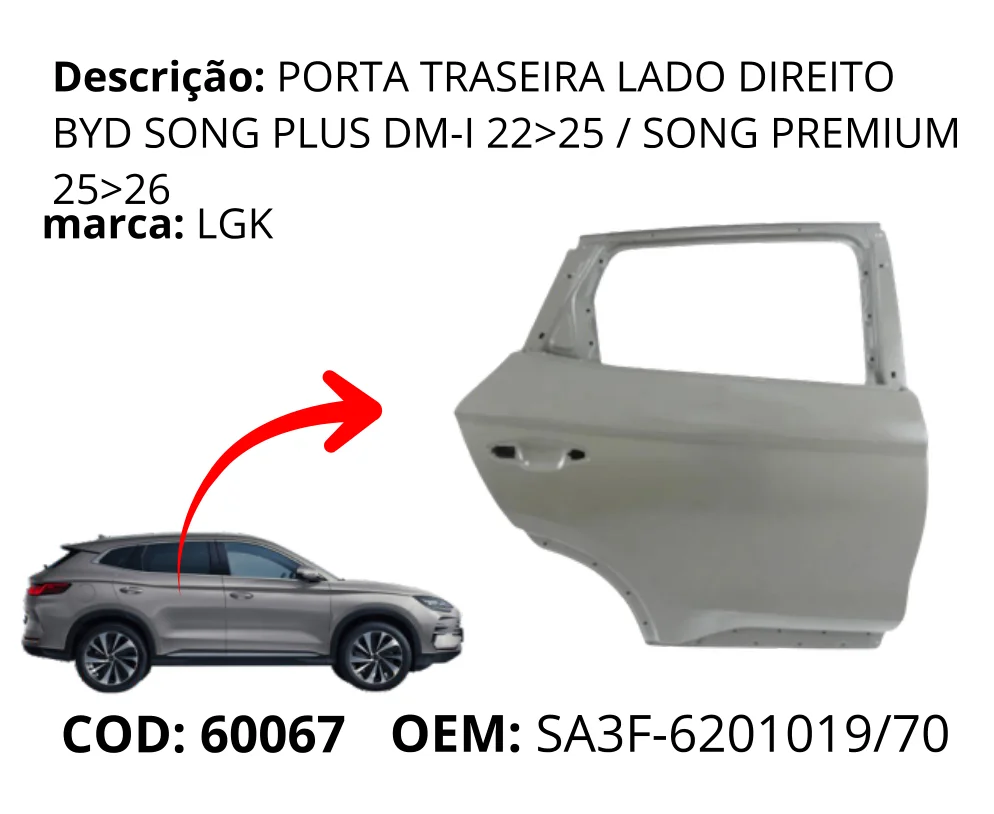 Porta Traseira Lado Direito original para BYD Song Plus Premium, lado direito, AutoVoltz