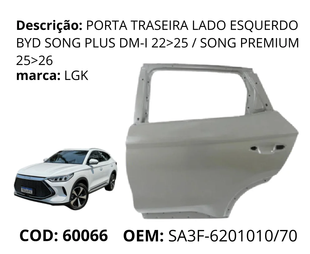 Porta Traseira Lado Esquerdo original para BYD Song Plus DM-i, lado esquerdo, AutoVoltz