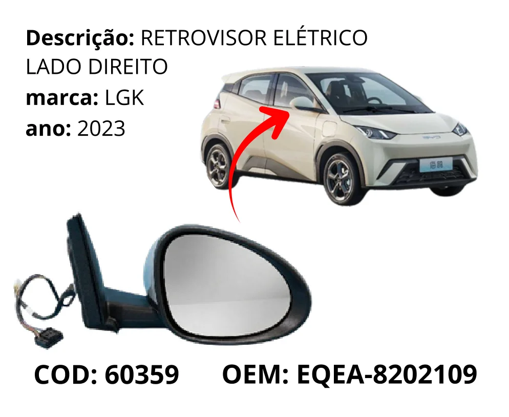 Retrovisor Eletrico Lado Direito original para BYD Dolphin Mini, lado direito, AutoVoltz