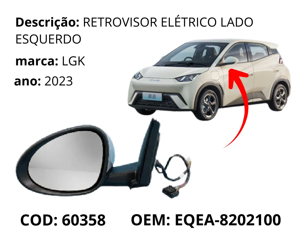 Retrovisor Eletrico Lado Esquerdo original para BYD Dolphin Mini, lado esquerdo, AutoVoltz