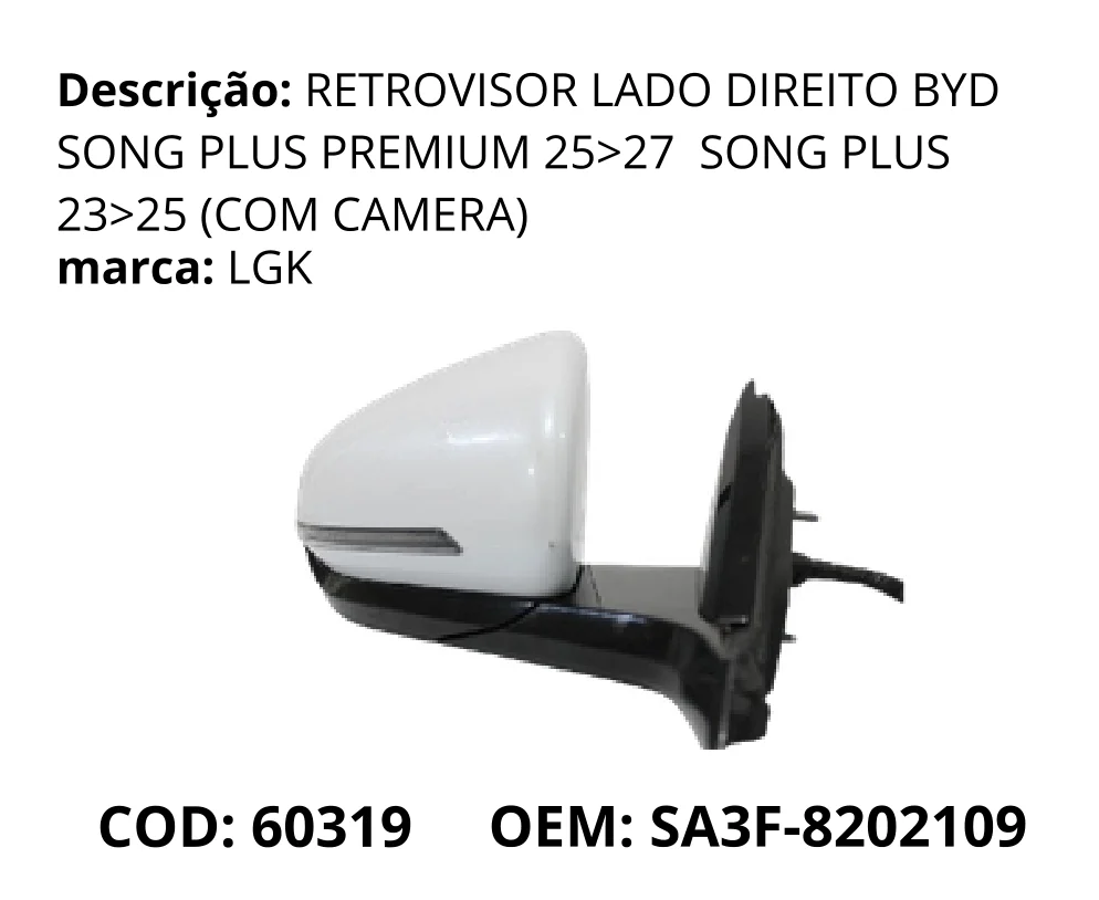 Retrovisor Lado Direito (com Camera) original para BYD Song Plus DM-i, lado direito, AutoVoltz