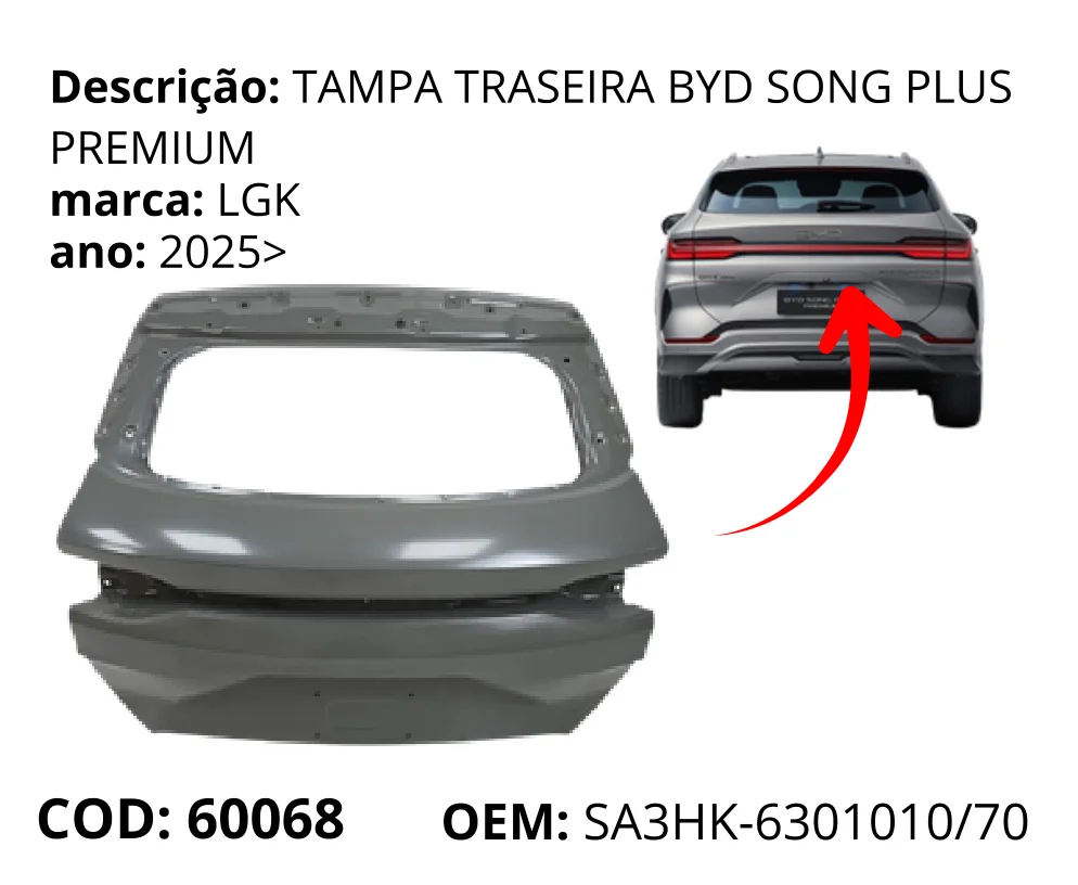 Tampa Traseira original para BYD Song Plus Premium, AutoVoltz