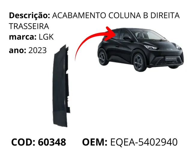Acabamento Coluna B Direita Traseira original para BYD Dolphin Mini, AutoVoltz