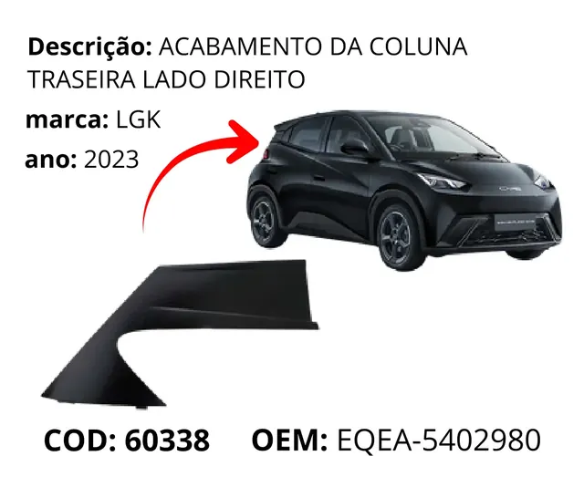 Acabamento da Coluna Traseira Lado Direito original para BYD Dolphin Mini, AutoVoltz