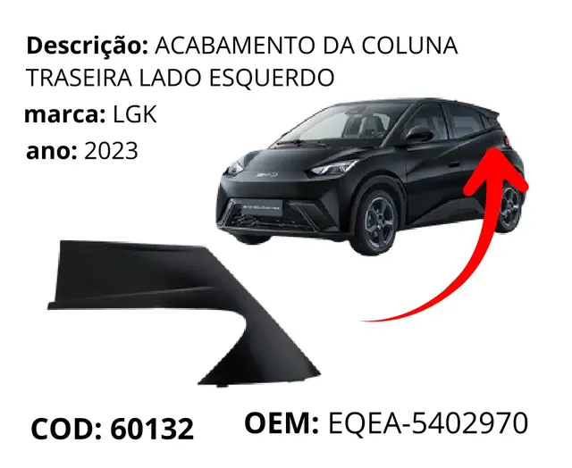 Acabamento da Coluna Traseira Lado Esquerdo original para BYD Dolphin Mini, AutoVoltz