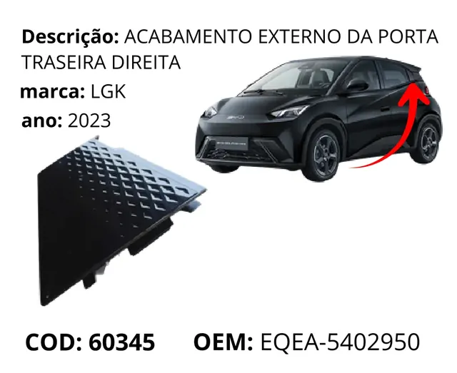 Acabamento Externo da Porta Traseira Direita original para BYD Dolphin Mini, AutoVoltz