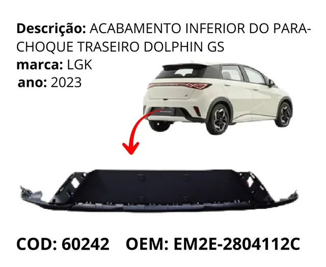 Acabamento Inferior do Para-choque Traseiro Dolphin GS original para BYD Dolphin GS/Plus, AutoVoltz