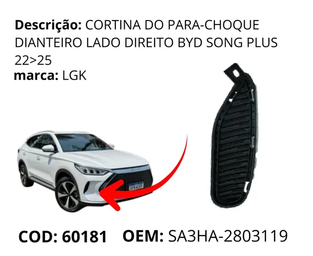 Cortina do Para-choque Dianteiro Lado Direito original para BYD Song Plus DM-i, AutoVoltz