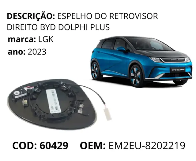Espelho do Retrovisor Direito Dolphin Plus original para BYD Dolphin GS/Plus, AutoVoltz