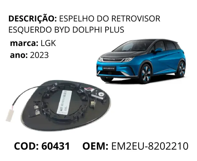 Espelho do Retrovisor Esquerdo Dolphin Plus original para BYD Dolphin GS/Plus, AutoVoltz