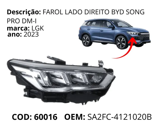 Farol Lado Direito original para BYD Song Pro, AutoVoltz