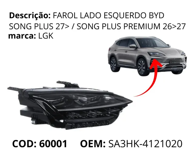 Farol Lado Esquerdo original para BYD Song Plus Premium, AutoVoltz
