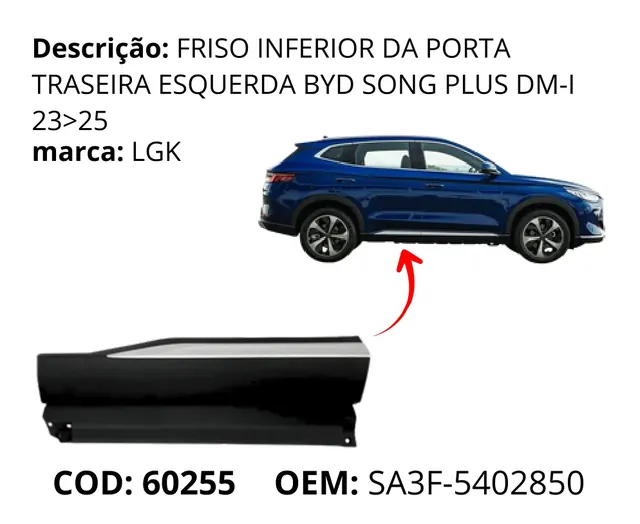 Friso Inferior da Porta Traseira Esquerda original para BYD Song Plus DM-i, AutoVoltz