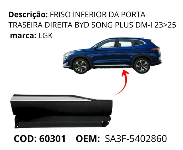 Friso Inferior da Porta Traseira Direita original para BYD Song Plus DM-i, AutoVoltz